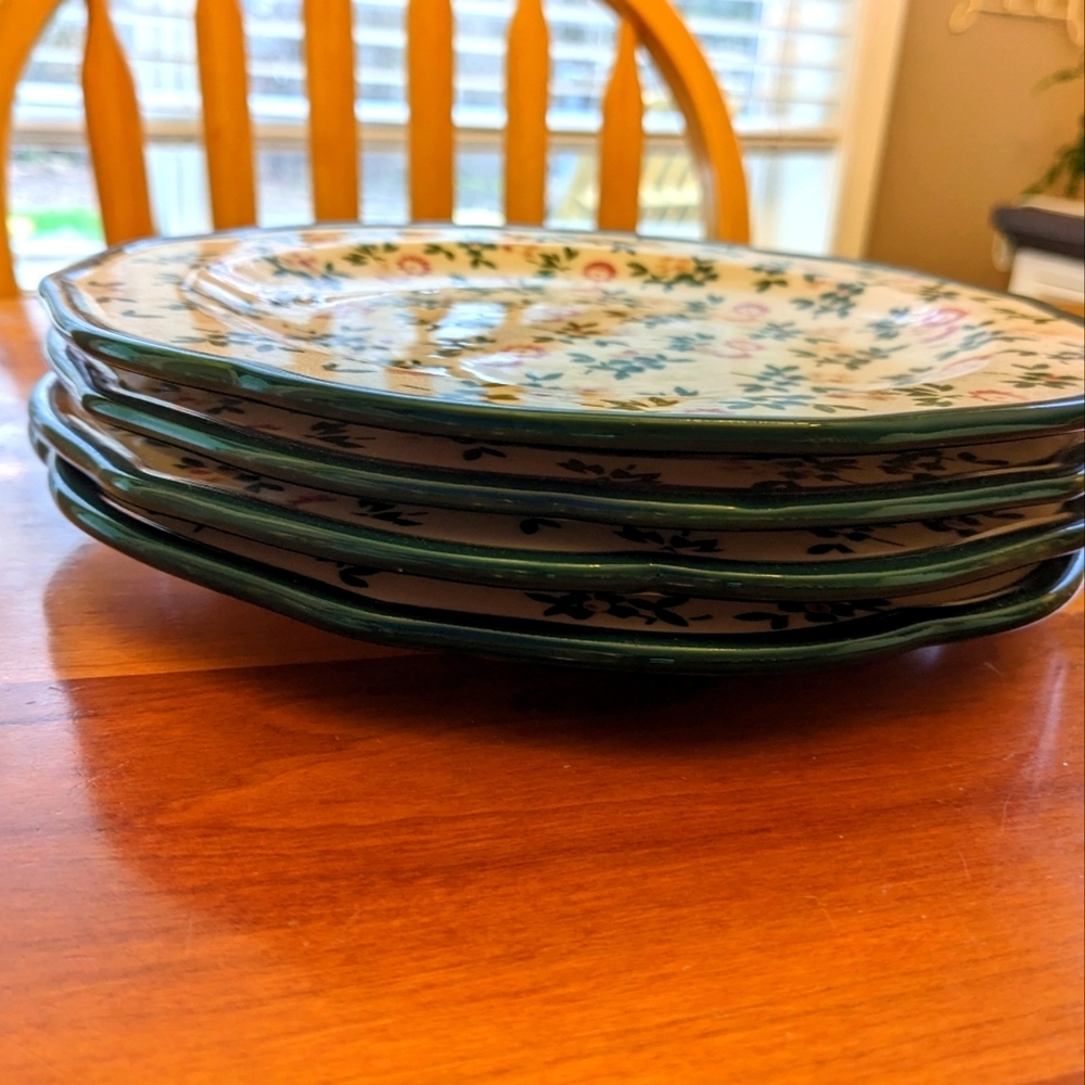 Floral Print Scallop Wavy Green Rim Salad Plates Dessert Ceramic Cottagecore - Picture 3 of 9